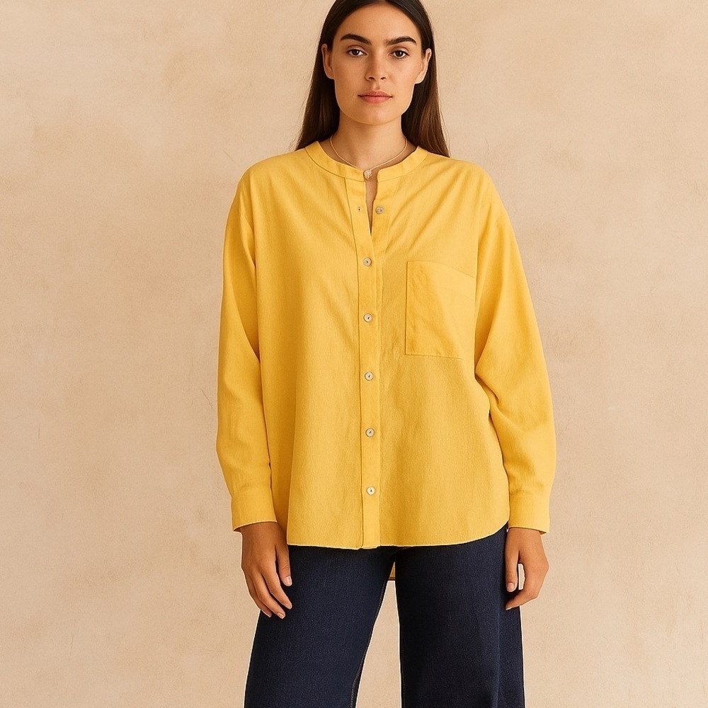 NWT Donni Mandarin Collar Tunic Blouse Medium Yellow Lagenlook Coastal Spring